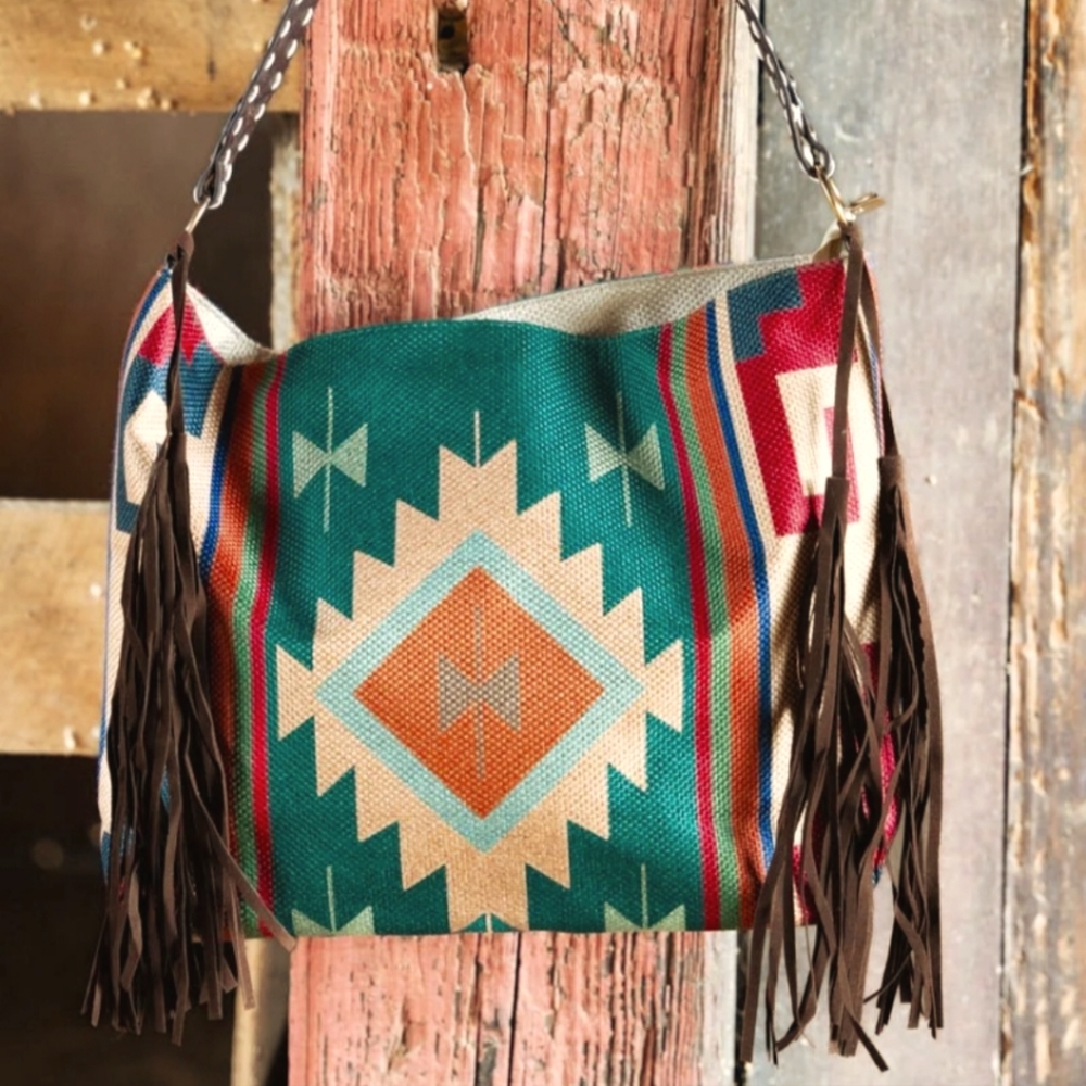 Aztec Printed Shoulder Bag With Fringe